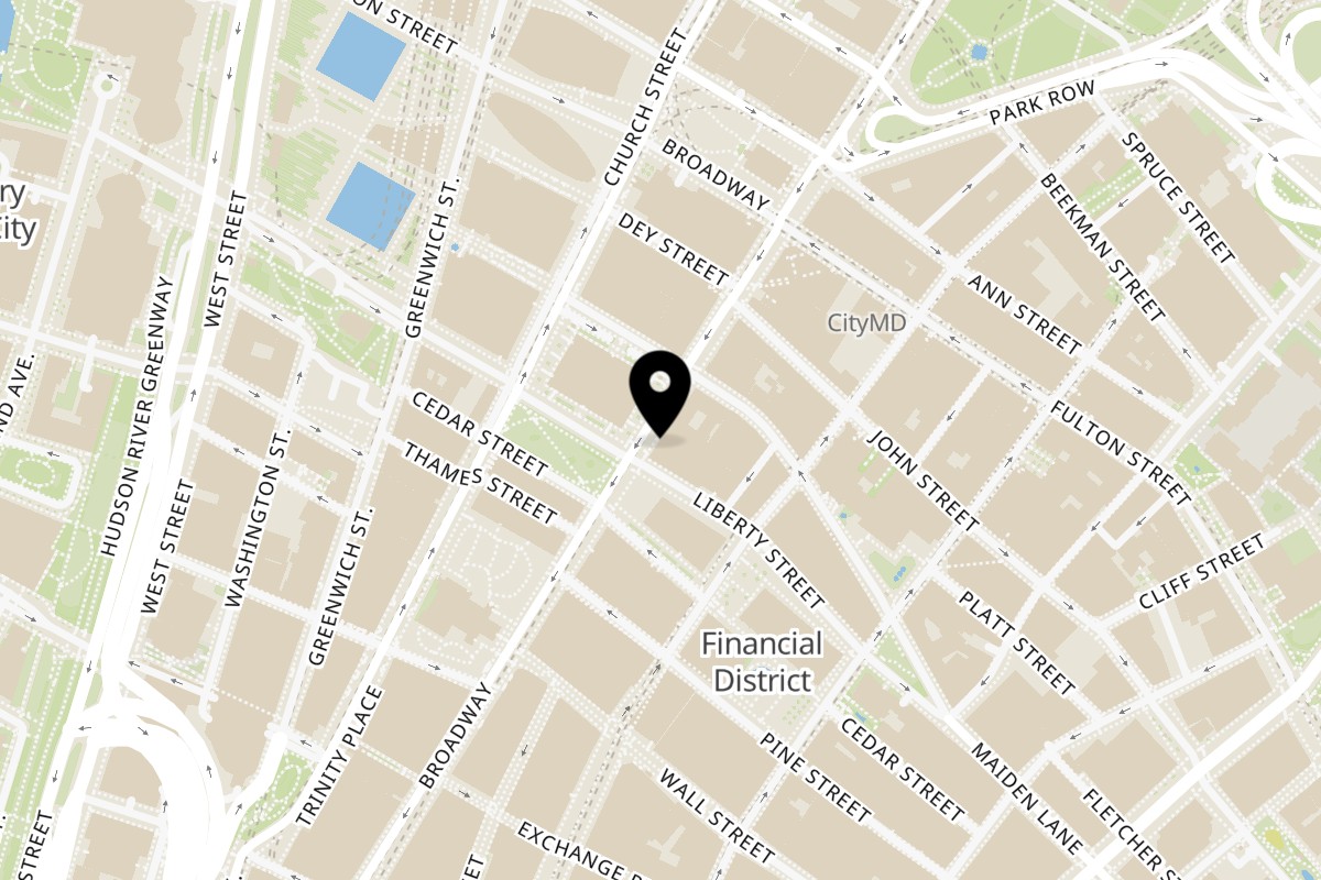 Map showing the location of Fulton Burger Fulton Burger on 150 Broadway in New York